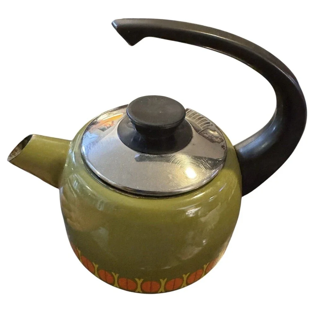 VTG 1960s enamel Teapot made in Austria Avocado Green - Orange Arching Handle